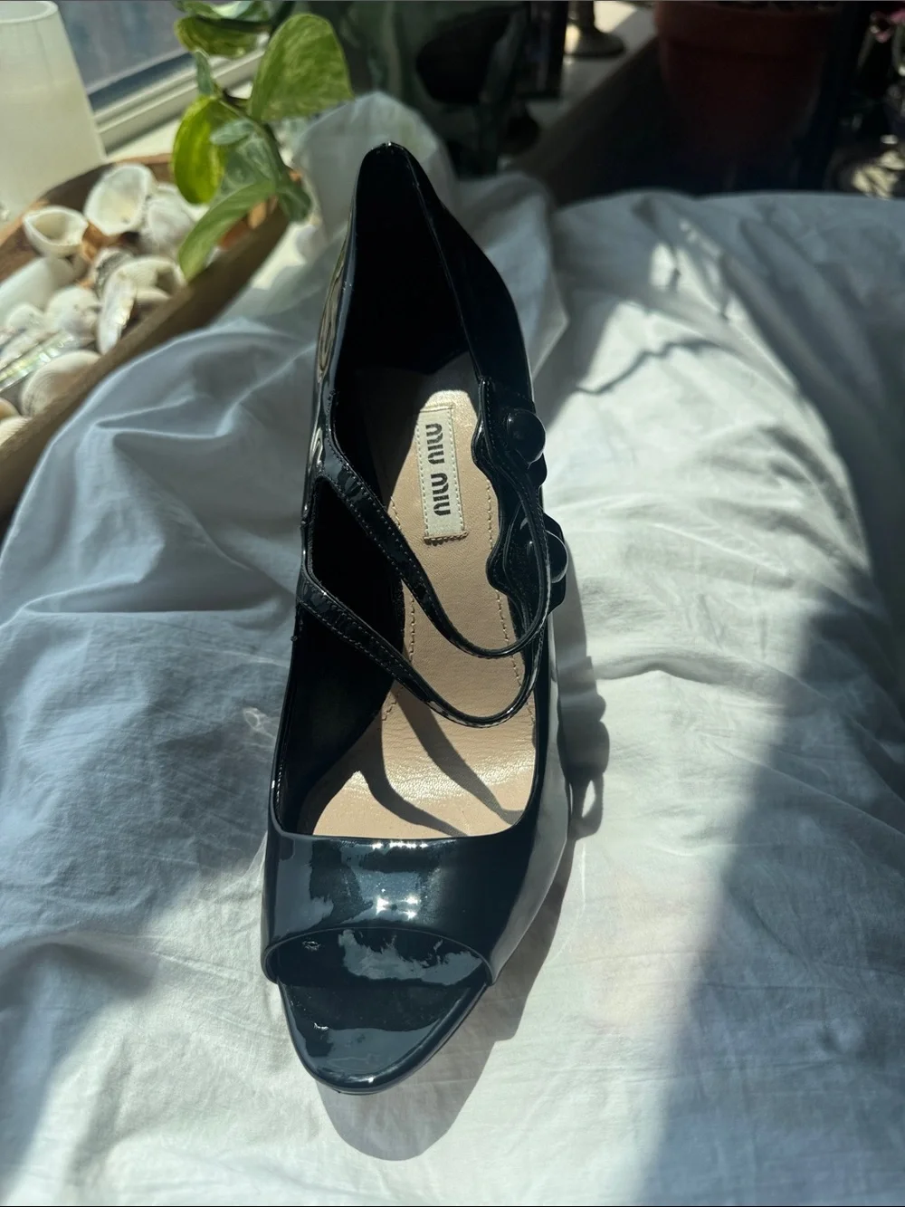 Miu Miu Black Patent Leather Mary Jane Peep-Toe Heels with Double Straps
